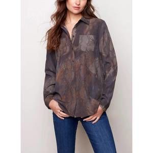 NEW CHARLIE B animal print long sleeve button front blouse in coffee